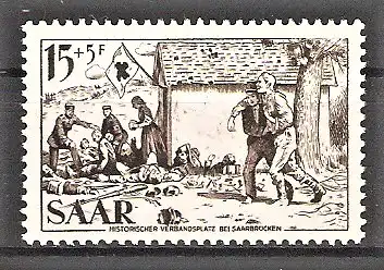 Briefmarke Saar Mi.Nr. 370 ** Rotes Kreuz 1956 / Historischer Verbandsplatz im Steinbruch bei Saarbrücken