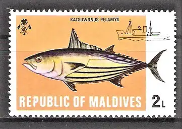 Briefmarke Malediven Mi.Nr. 443 ** Tiefseefische 1973 / Thunfisch Bonito (Katsuwonus pelamis)