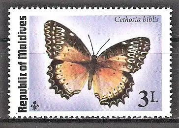Briefmarke Malediven Mi.Nr. 606 ** Schmetterlinge 1975 / Bortenfalter (Cethosia biblis)