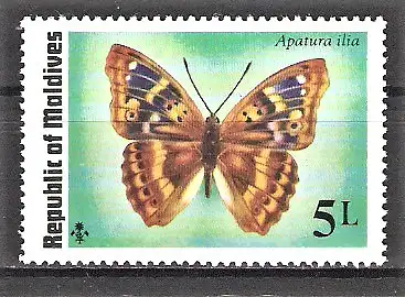 Briefmarke Malediven Mi.Nr. 608 ** Schmetterlinge 1975 / Kleiner Schillerfalter (Apatura ilia)