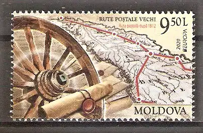 Briefmarke Moldawien Mi.Nr. 1130 ** Europa CEPT 2020 / Historische Postrouten - Karte mit Postrouten (1820)