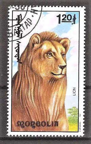 Briefmarke Mongolei Mi.Nr. 2299 o Afrikanische Fauna 1991 / Löwe (Panthera leo)