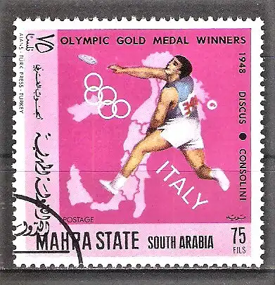 Briefmarke Aden - Mahra State Mi.Nr. 111 o Italienische Olympiasieger 1968 / Adolfo Consolini - Diskuswerfer (1948)