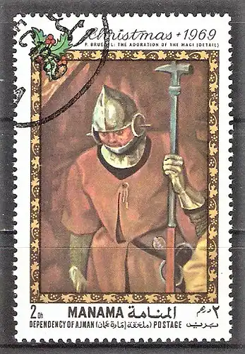 Briefmarke Ajman-Manama Mi.Nr. 218 A o Weihnachten 1969 / "Anbetung der Könige" von Pieter Brueghel d. Ä.