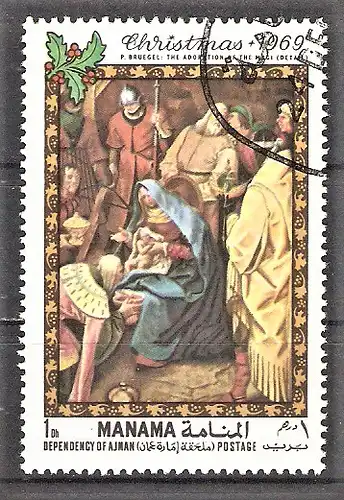 Briefmarke Ajman-Manama Mi.Nr. 217 A o Weihnachten 1969 / "Anbetung der Könige" von Pieter Brueghel d. Ä.