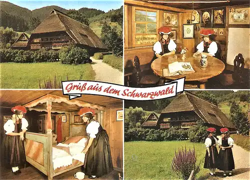 Ansichtskarte Deutschland - Gruß aus dem Schwarzwald / Schwarzwaldhaus, Schwarzwaldstube, Schlafkammer, Trachtenträgerinnen (1763)