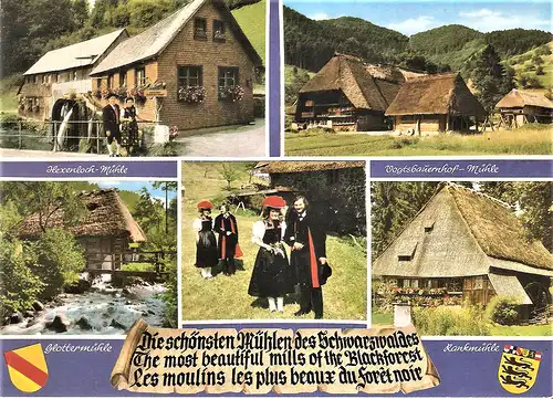 Ansichtskarte Deutschland - Die schönsten Mühlen des Schwarzwaldes - Hexenloch-Mühle, Vogtsbauernhof-Mühle, Glottermühle, Rankmühle, Trachtenpaare (1766)