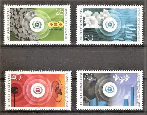 Briefmarke BRD Mi.Nr. 774-777 ** Umweltschutz 1973 / Abfallbeseitigung , Wasserhaushalt, Lärmbekämpfung, Luftreinhaltung