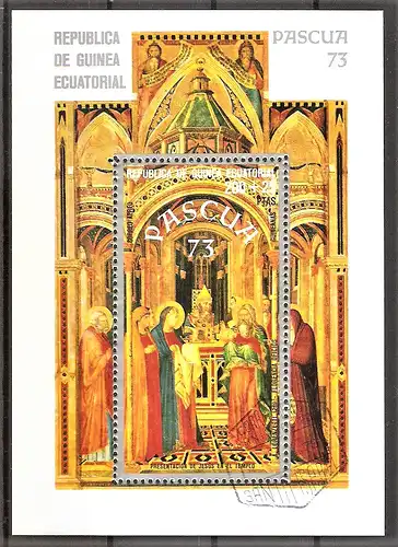 Briefmarke Äquatorial-Guinea Block 68 o (Mi.Nr. 252) Ostern 1973 / Gemälde "Darbringung Jesu im Tempel" von Lorenzetti