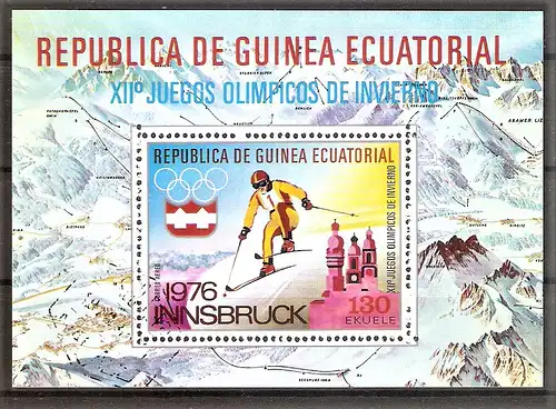 Briefmarke Äquatorial-Guinea BLOCK 205 o (Mi.Nr. 773) Olympische Winterspiele Innsbruck 1976 / Ski-Slalom