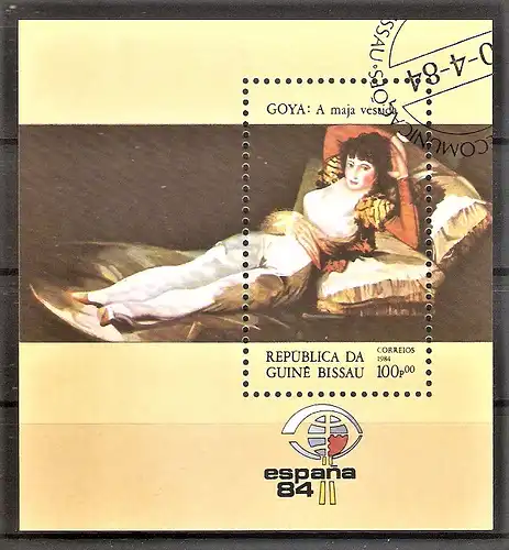 Briefmarke Guinea-Bissau Mi.Nr. 764 o / Block 259 o Briefmarkenausstellung ESPANA ’84 / Gemälde "Die bekleidete Maja" von Goya