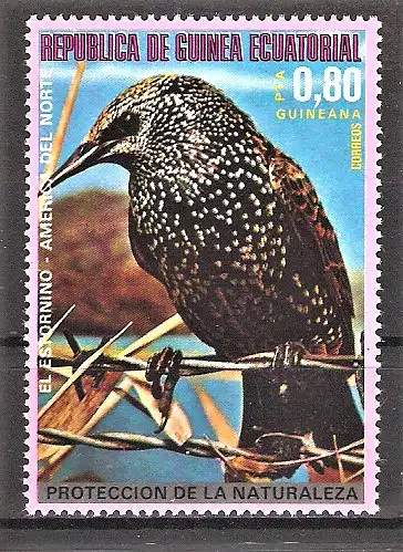 Briefmarke Äquatorial-Guinea Mi.Nr. 1007 ** Nordamerikanische Vögel 1976 / Star (Sturnus vulgaris)