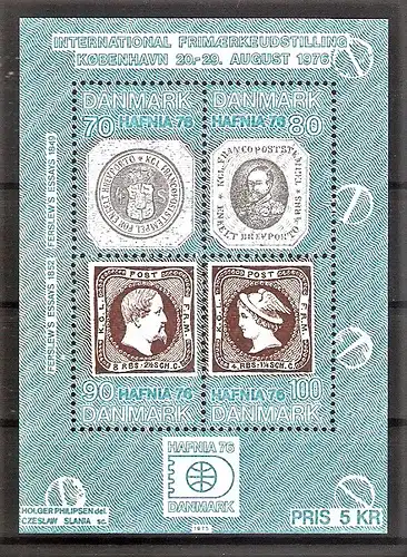 Briefmarke Dänemark Mi.Nr. 580-583 ** / Block 1 ** Internationale Briefmarkenausstellung HAFNIA ’76