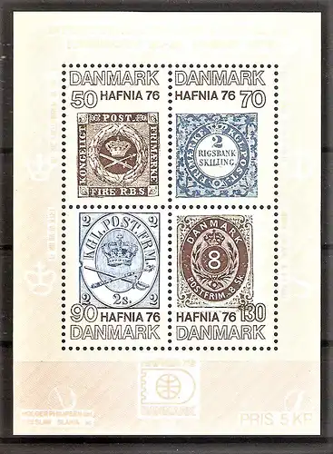 Briefmarke Dänemark Mi.Nr. 607-610 ** / Block 2 ** Internationale Briefmarkenausstellung HAFNIA ’76