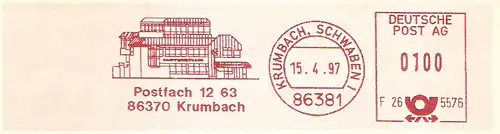 Freistempel F26 5576 Krumbach, Schwaben - Postfach 12 63, 86370 Krumbach (Abb. Gebäude) (#2227)