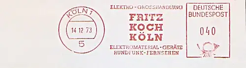 Freistempel Köln - Fritz Koch - Elektro Grosshandlung / Elektromaterial - Geräte - Rundfunk - Fernsehen (#429)