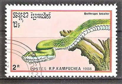 Briefmarke Kambodscha Mi.Nr. 988 o Reptilien 1988 / Zweifarbige Palmlanzenotter (Bothrops bicolor)