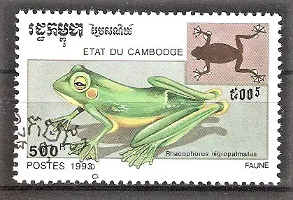 Briefmarke Kambodscha Mi.Nr. 1352 o Flugfähige Tiere 1993 / Wallaces Flugfrosch (Rhacophorus nigropalmatus)