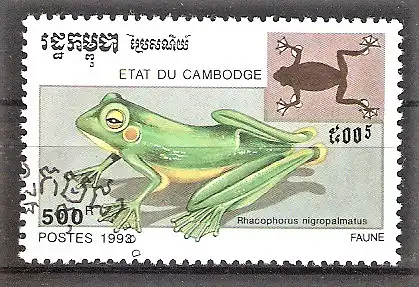 Briefmarke Kambodscha Mi.Nr. 1352 o Wallaces Flugfrosch (Rhacophorus nigropalmatus)