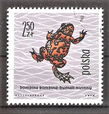 Briefmarke Polen Mi.Nr. 1402 o Lurche und Kriechtiere unter Naturschutz 1963 / Tieflandunke (Bombina bombina)