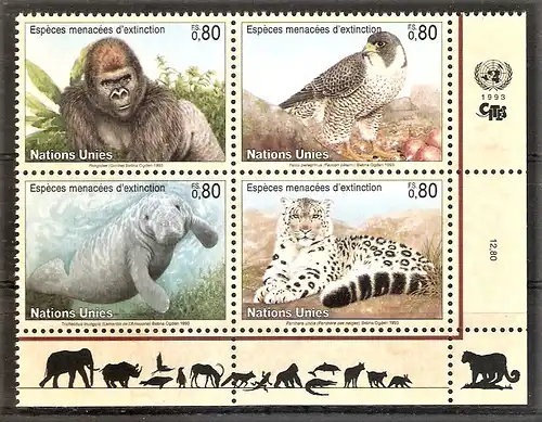 Briefmarke UNO-Genf Mi.Nr. 227-230 ** Gefährdete Tierarten 1993 Viererblock / Gorilla, Wanderfalke, Flussmanati, Schneeleopard