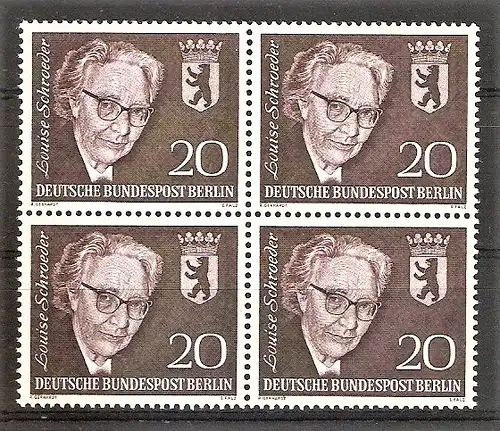 Briefmarke Berlin Mi.Nr. 198 ** VIERERBLOCK ! 4. Todestag von Louise Schroeder 1961 / Politikerin, Oberbürgermeisterin von Berlin