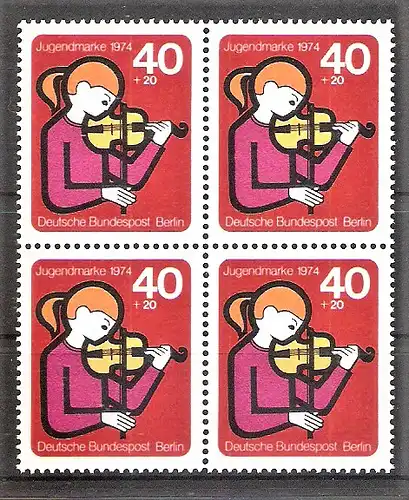 Briefmarke Berlin Mi.Nr. 470 ** VIERERBLOCK ! Jugend 1974 - Elemente internationaler Jugendarbeit / Jugend musiziert
