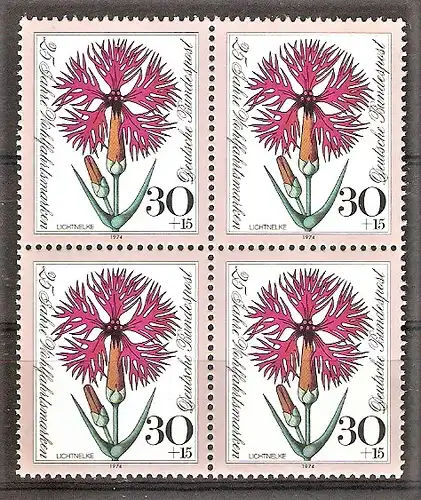 Briefmarke BRD Mi.Nr. 818 ** VIERERBLOCK ! Wohlfahrt 1974 - Blumen / Prachtnelke (Dianthus superbus)