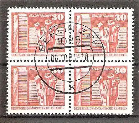 Briefmarke DDR Mi.Nr. 2588 o VIERERBLOCK Aufbau in der DDR 1981 / Denkmal auf dem Ernst-Thälmann-Platz, Neubauten, Halle/Saale