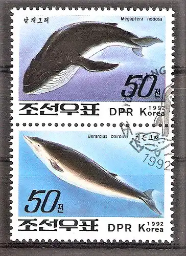 Briefmarke Korea-Nord Mi.Nr. 3357-3358 o Zusammendruck ! Buckelwal & Baird-Wal