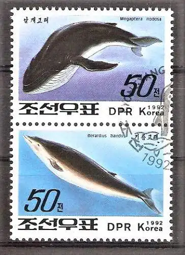 Briefmarke Korea-Nord Mi.Nr. 3357-3358 o Zusammendruck ! Wale 1992 / Buckelwal & Baird-Wal