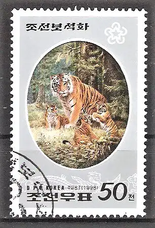 Briefmarke Korea-Nord Mi.Nr. 3998 o Tiere aus den Wäldern am Paektu-san 1998 / Sibirischer Tiger (Panthera tigris altaica)