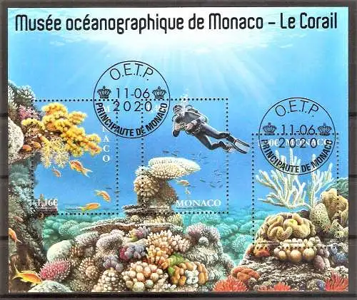 Briefmarke Monaco Mi.Nr. 3493-3495 o / Block 133 o Korallen aus dem Aquarium des Ozeanographischen Museums 2020