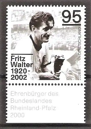 Briefmarke BRD Mi.Nr. 3568 ** Unterrand - 100. Geburtstag von Fritz Walter 2020 / Fussballspieler
