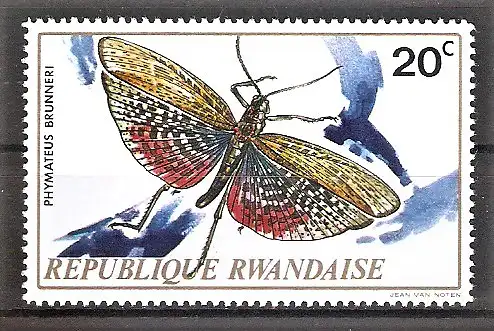 Briefmarke Ruanda Mi.Nr. 538 A ** Insekten 1973 / Kegelkopfschrecke (Phymateus brunneri)