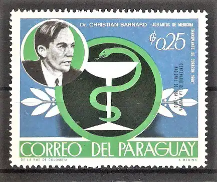 Briefmarke Paraguay Mi.Nr. 1868 ** Ereignisse 1968 / Dr. Christian Barnard - Mediziner und Herztransplanteur
