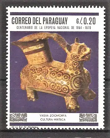 Briefmarke Paraguay Mi.Nr. 1790 ** Präkolumbische Kunst 1967 - Vase in Form eines Jaguars