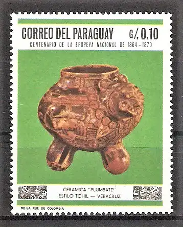 Briefmarke Paraguay Mi.Nr. 1788 ** Präkolumbische Kunst 1967 - Dreibeinige Vase im Tohil-Stil