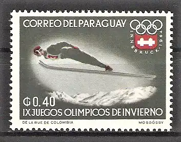 Briefmarke Paraguay Mi.Nr. 1252 ** Olympische Winterspiele Innsbruck 1964 / Skispringer vor Gebirgslandschaft
