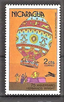 Briefmarke Nicaragua Mi.Nr. 2045 ** 75. Jahrestag des ersten Motorflugs der Brüder Wright 1978 / Montgolfière