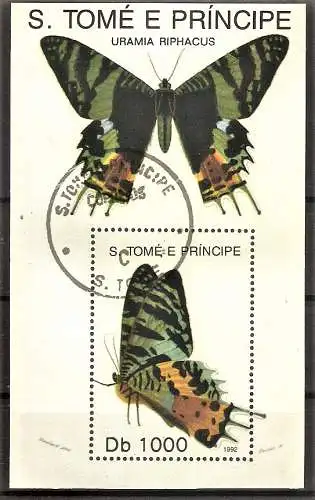 Briefmarke Sao Tome & Principe Mi.Nr. 1390 o / Block 294 o Schmetterlinge 1992 / Regenbogenfalter (Urania riphacus)