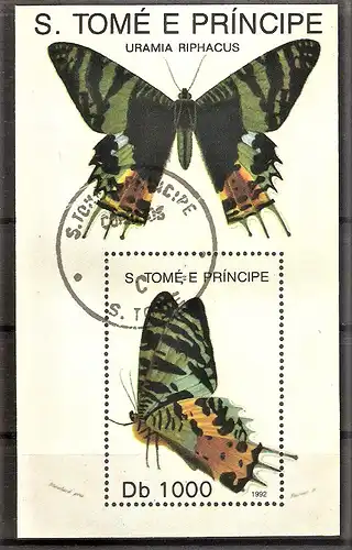 Briefmarke São Tomé und Príncipe Mi.Nr. 1390 o / Block 294 o Schmetterlinge 1992 / Regenbogenfalter (Urania riphacus)