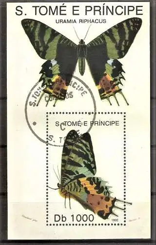 Briefmarke Sao Tome & Principe Mi.Nr. 1390 o / Block 294 o Schmetterlinge 1992 / Regenbogenfalter (Urania riphacus)