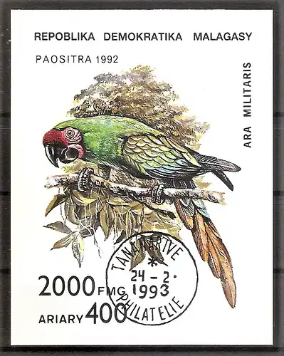 Briefmarke Madagaskar Mi.Nr. Block 209 o Soldatenara (Ara militaris)