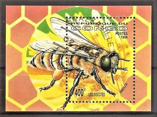 Briefmarke Kongo-Brazzaville Mi.Nr. 1420 o / Block 125 o Insekten und Spinnentiere 1994 / Honigbiene