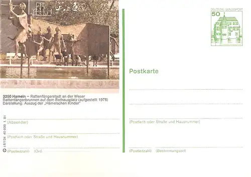 Bildpostkarte 3250 Hameln von 1981 / Rattenfängerbrunnen (bpk10)