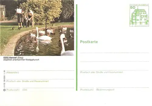Bildpostkarte 5202 Hennef (Sieg) von 1981 / Teich mit Enten und Schwänen (bpk13)