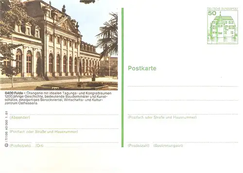 Bildpostkarte 6400 Fulda von 1981 / Orangerie (bpk15)