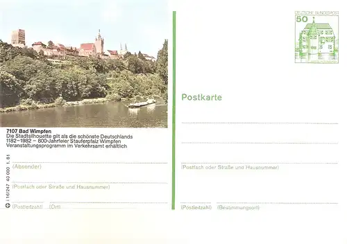 Bildpostkarte 7107 Bad Wimpfen von 1981 / Stadtsilhouette mit Stauferpfalz (bpk21)