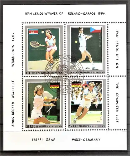 Briefmarke Korea-Nord BLOCK 217 o (Mi.Nr. 2755-2758) Tennisspieler 1986 / Kim Un Suk, Ivan Lendl, Steffi Graf, Boris Becker